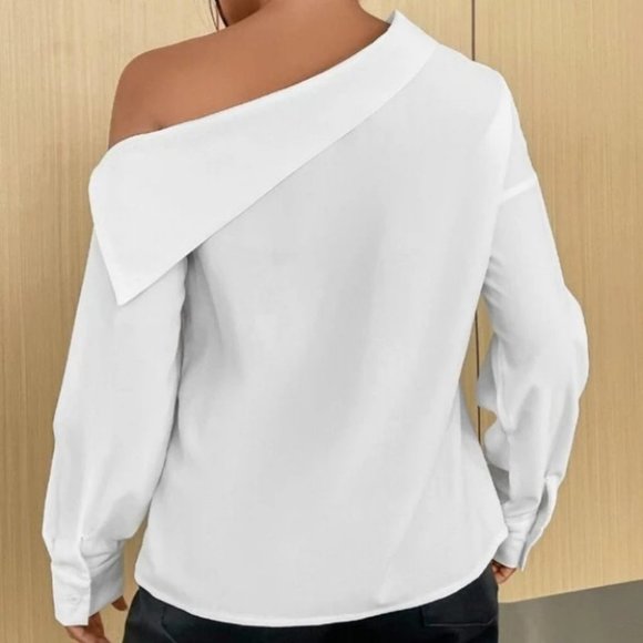 CHIC Asymmetrical Neck 1 off shoulder Blouse Top White - Picture 2 of 7